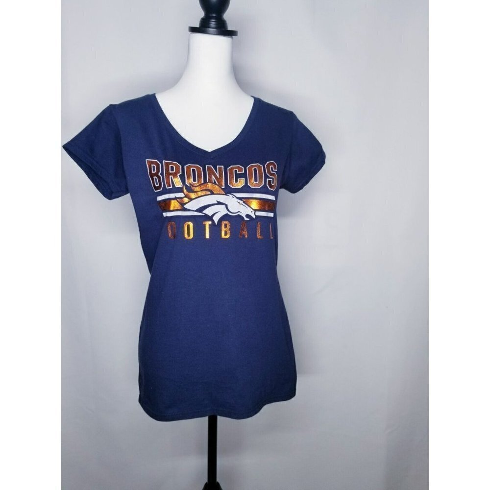 Womens Denver Broncos Football V-Neck T-Shirt glitter‎ blue NFL NWT Large